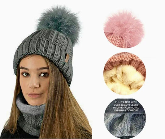 Women's Knitted Winter Beanie Ski Hat with Faux Fur Pom